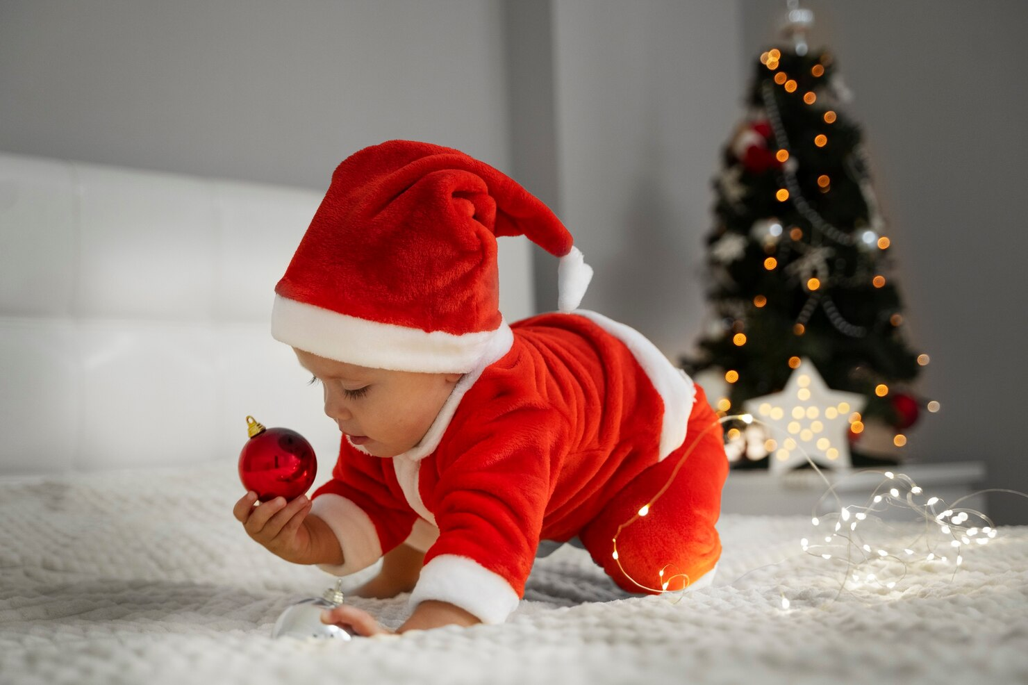 A baby playing with Christmas decorations.