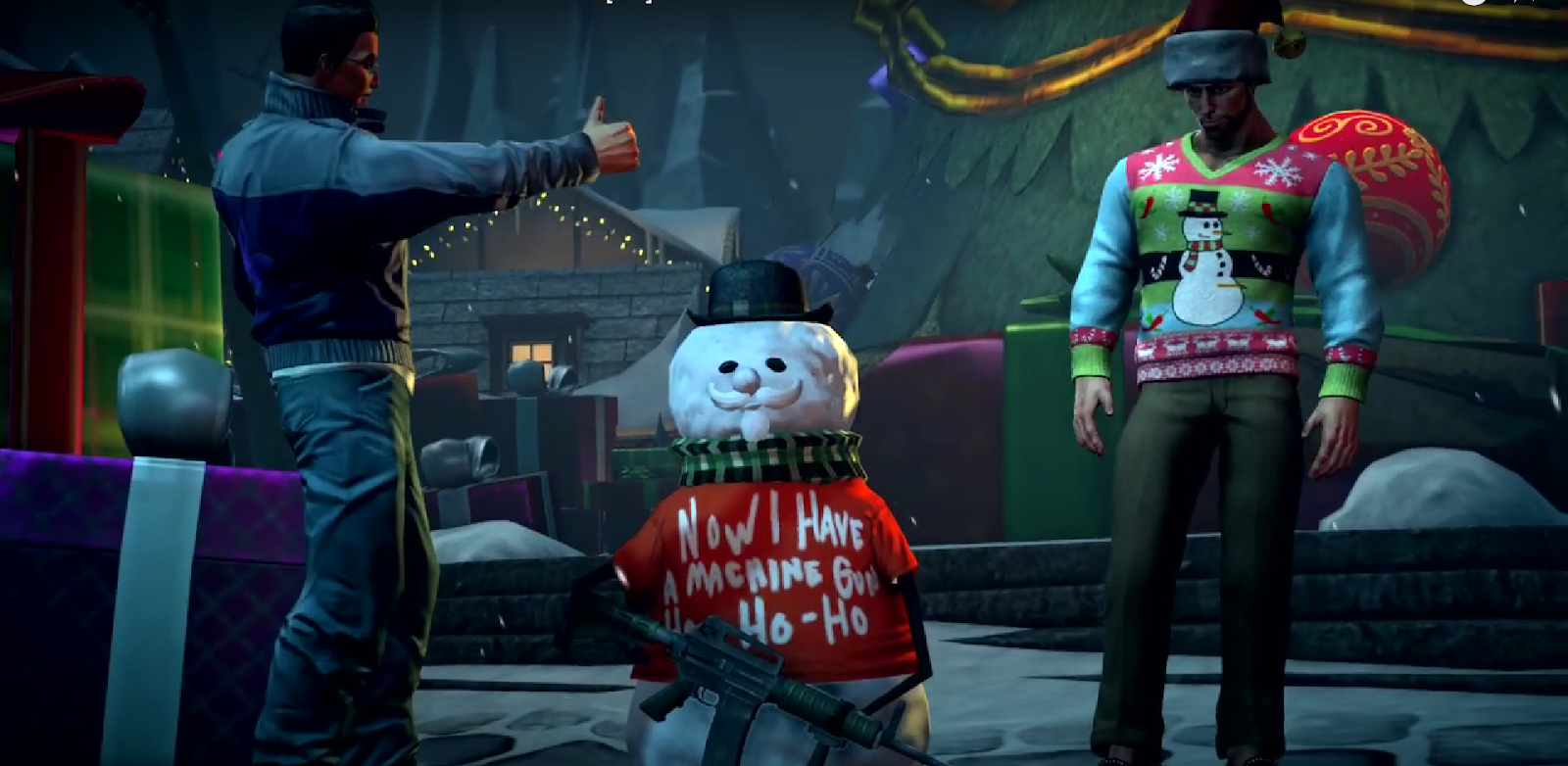 A screenshot from the How the Saints Saved Christmas DLC showing the player character with Johnny Gat and a snowman. 