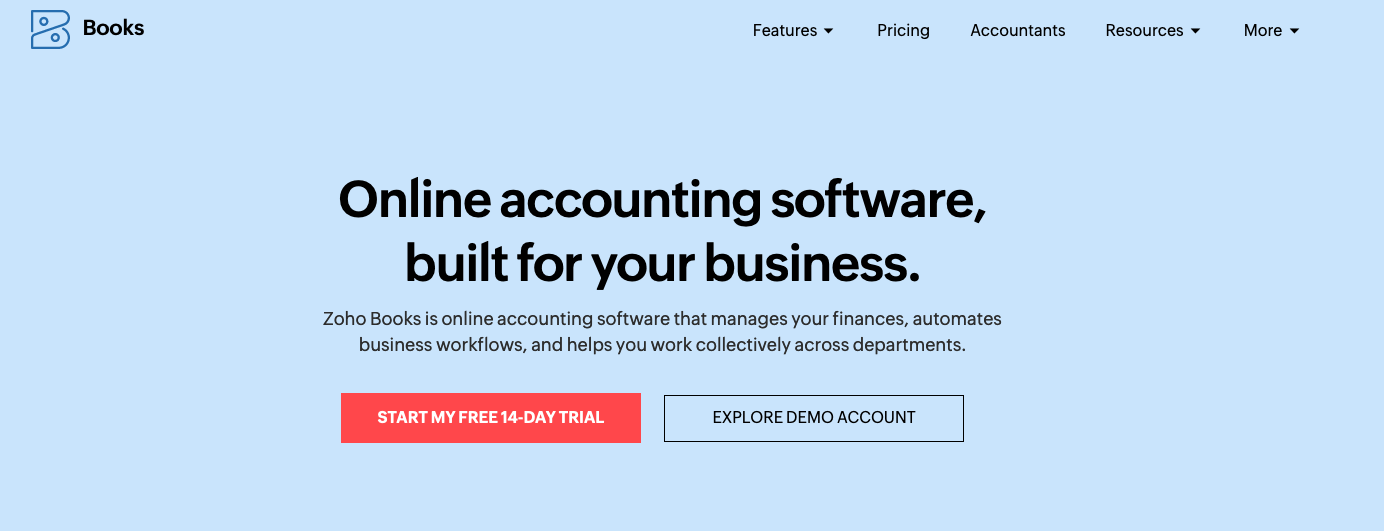 Zoho Books SaaS accounting software homepage
