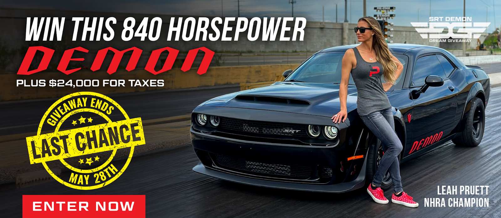 840 horsepower demon giveaway advertisement image with woman leaning on the black car