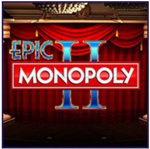 A red curtain with blue and white text which says Epic Monopoly.