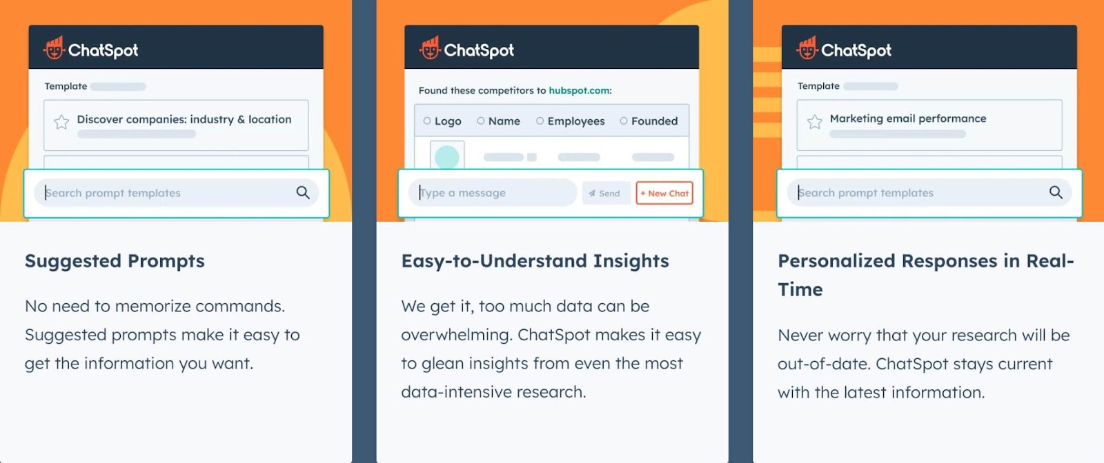 ChatSpot abilities. Suggested Prompts, easy-to-understand insights, and personalized responses in real-time.