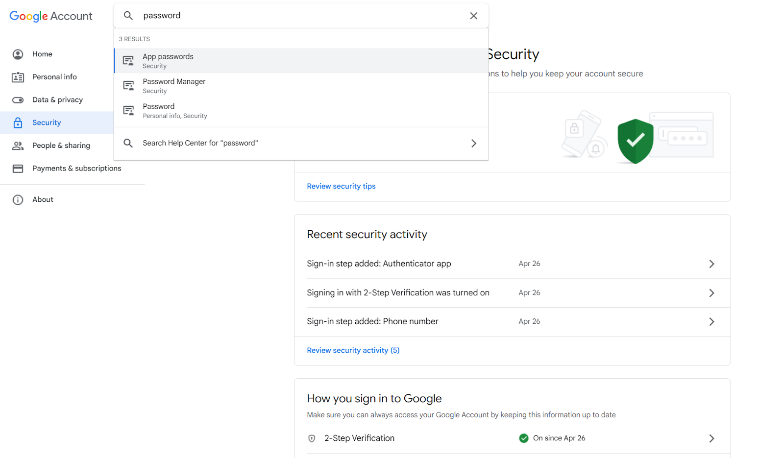 Google account home page with "password" typed into search tool