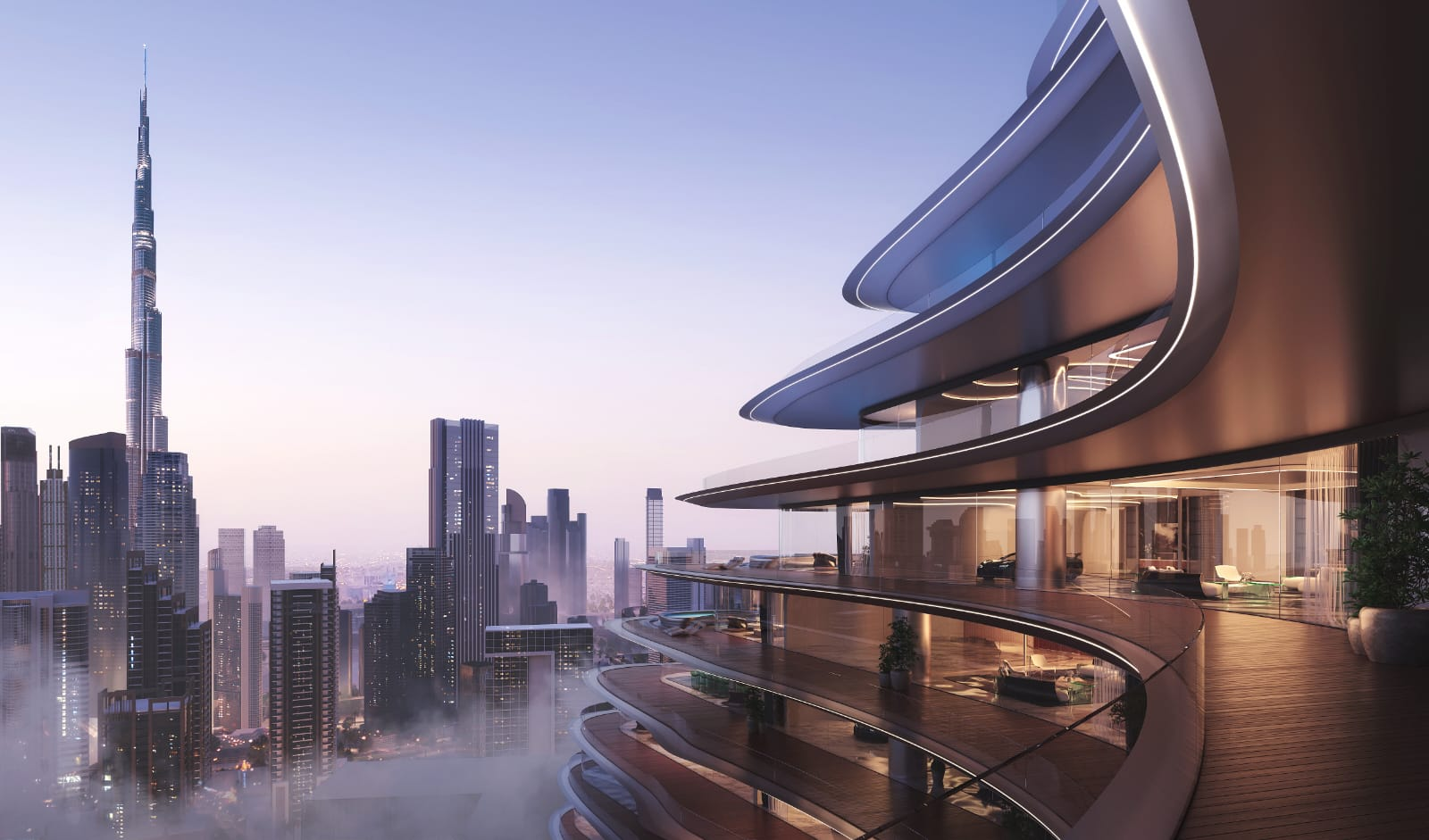 Luxurious curved balconies of the Bugatti residences