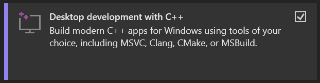 Знімок екрана робочого навантаження «Розробка робочого столу за допомогою C++» у програмі встановлення Visual Studio 2022