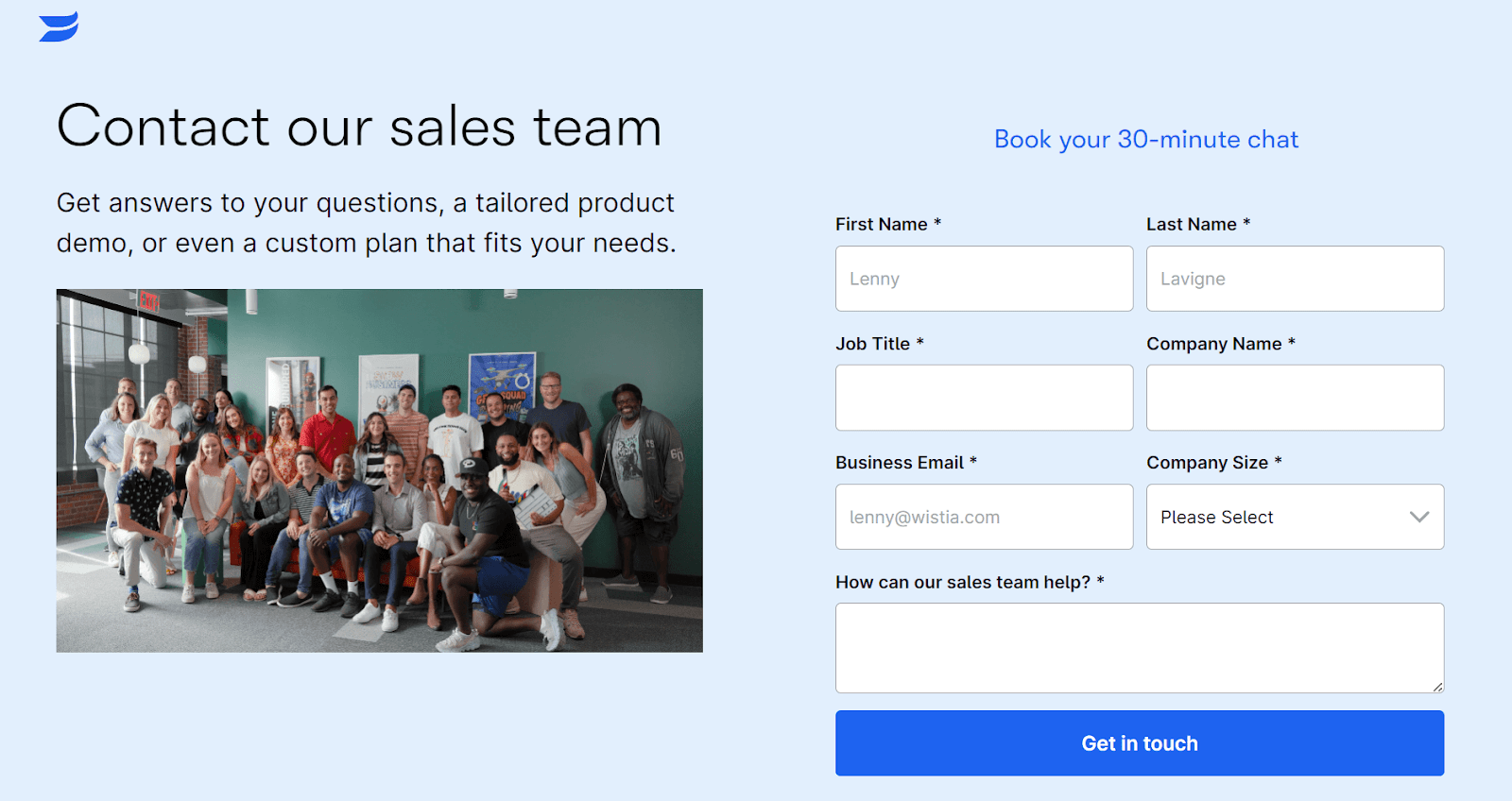 Screenshot of a sales contact page.