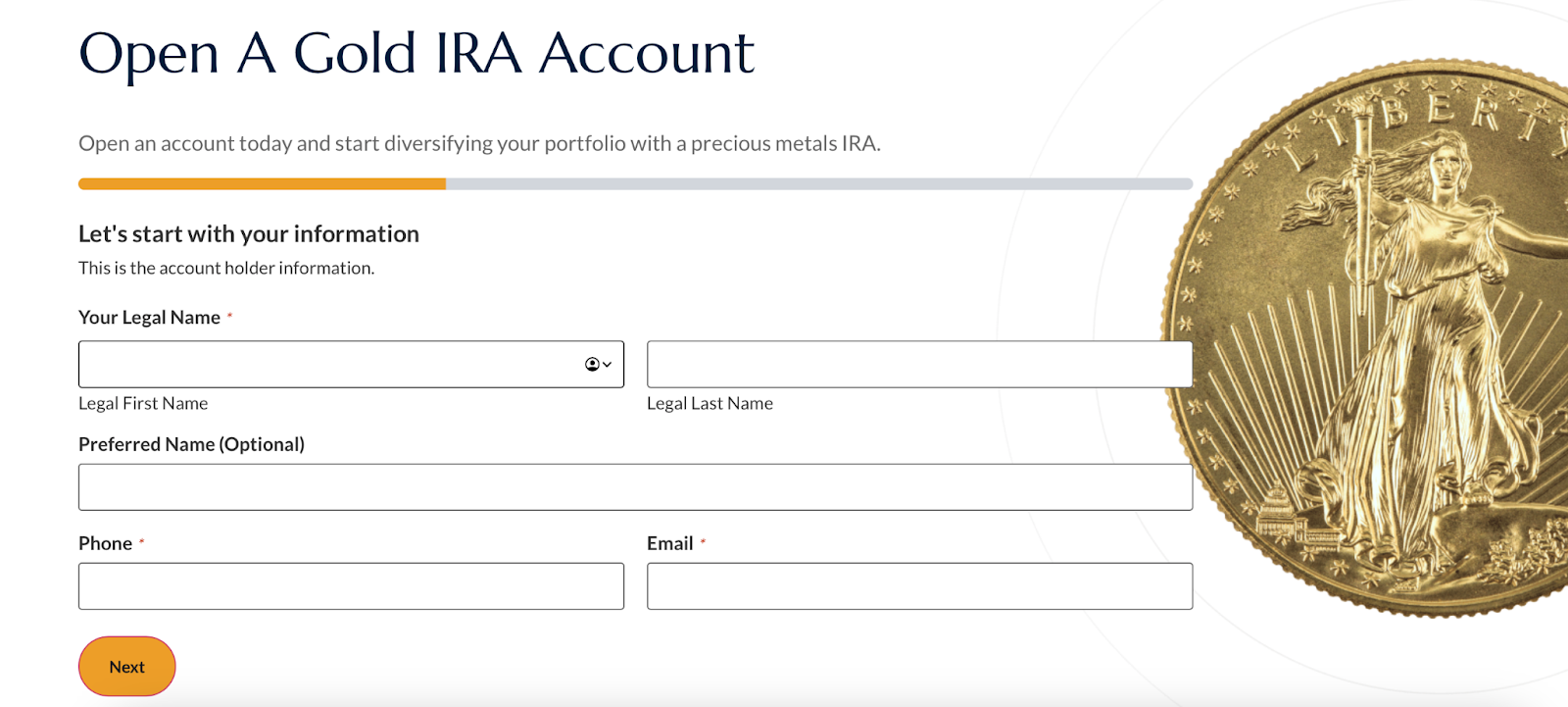 Image from Noble Gold's website prompting use to enter info to open a gold IRA account