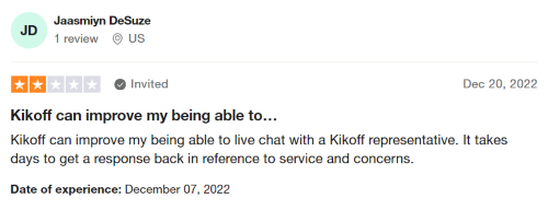 A two-star Kikoff review from someone who wishes the customer service team responded faster. 