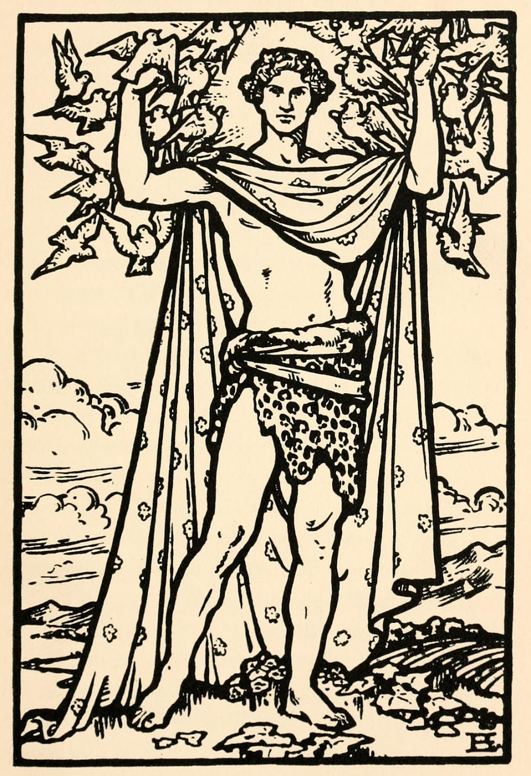 A drawing of the God Aengus in a field with doves surrounding his raised hands. 