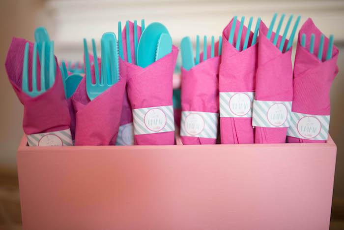 Pink + teal utensil packs from a Kitty Cat Birthday Party on Kara's Party Ideas | KarasPartyIdeas.com (6)