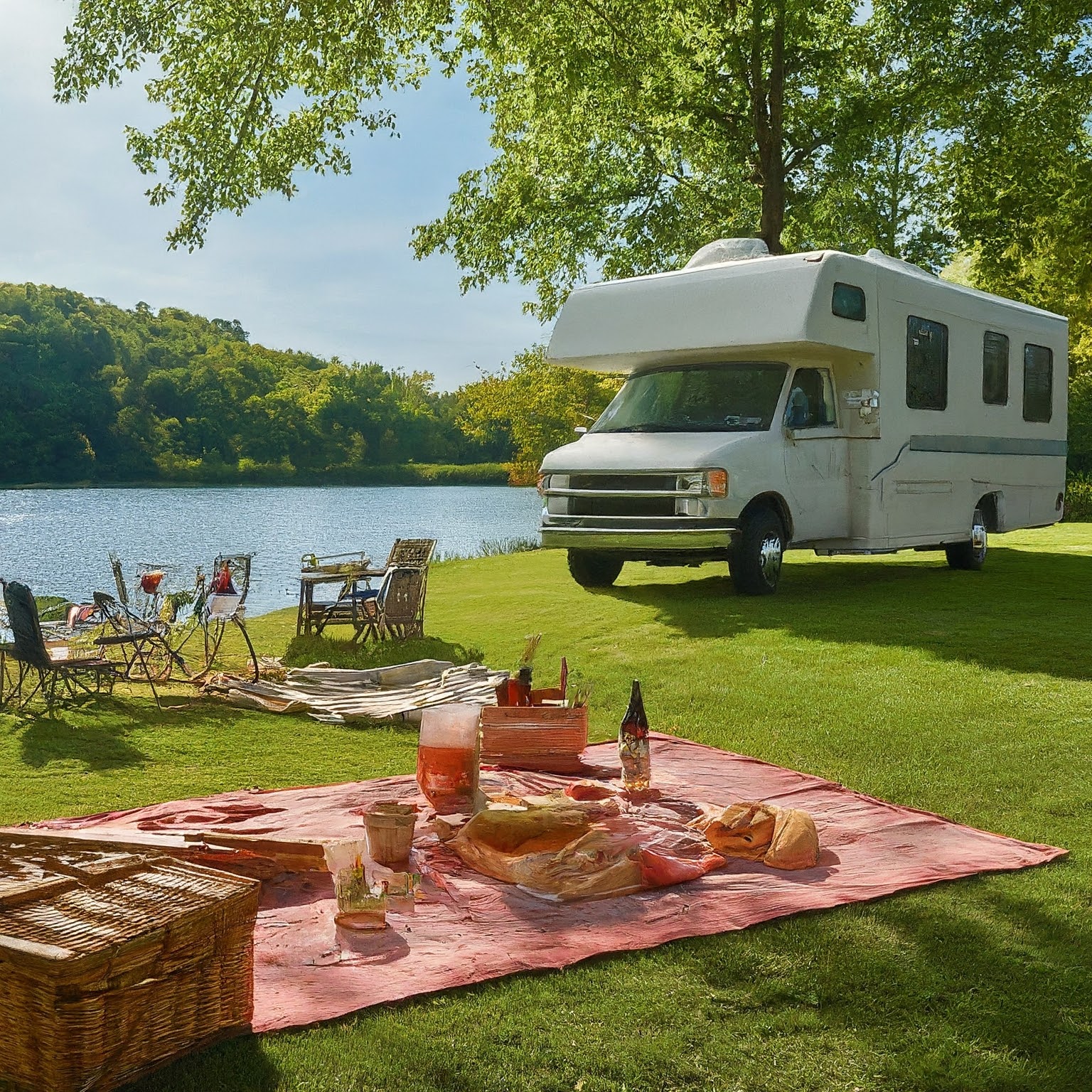an image of a lakeside picnic spread out in a serene sun-dappled park with a Winnebago parked in the foreground