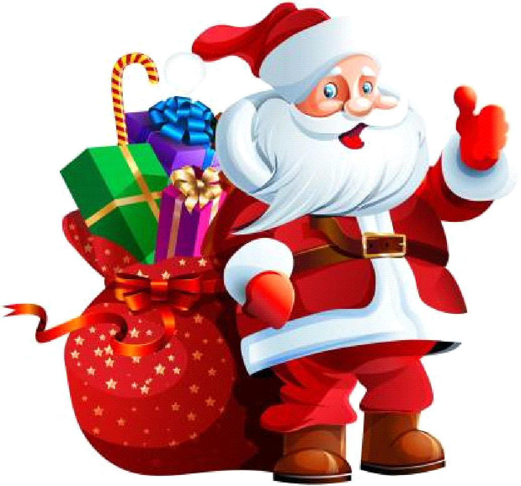 A cartoon of santa claus with a bag of presents

Description automatically generated