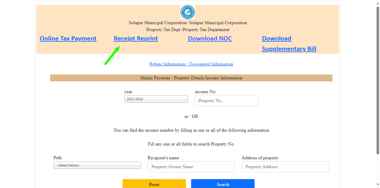 Solapur Property Tax Receipt Reprint