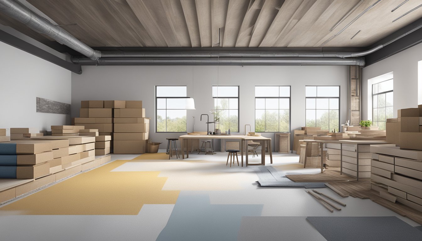 The scene depicts various raw materials like PVC, limestone, and stabilizers being mixed and pressed to form LVT flooring