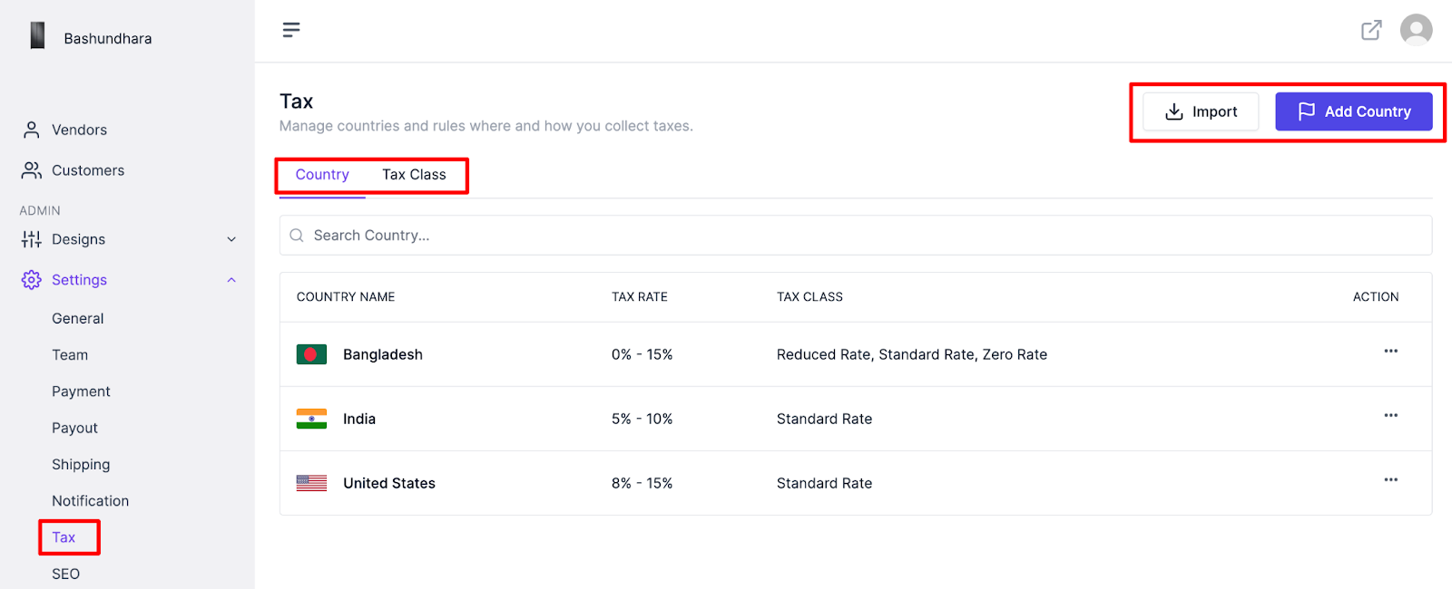 A screenshot to tax settings page