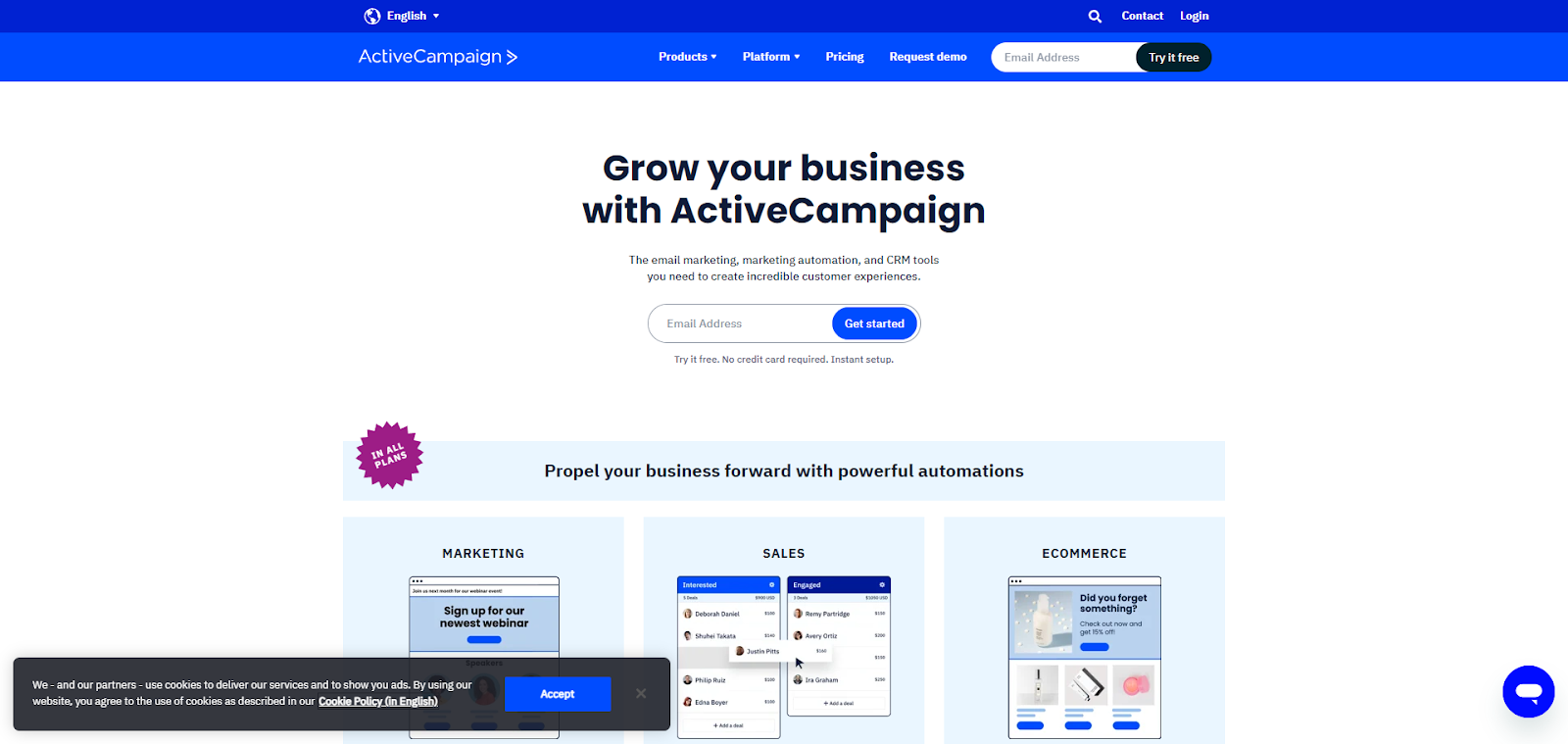 A screenshot of ActiveCampaign's website