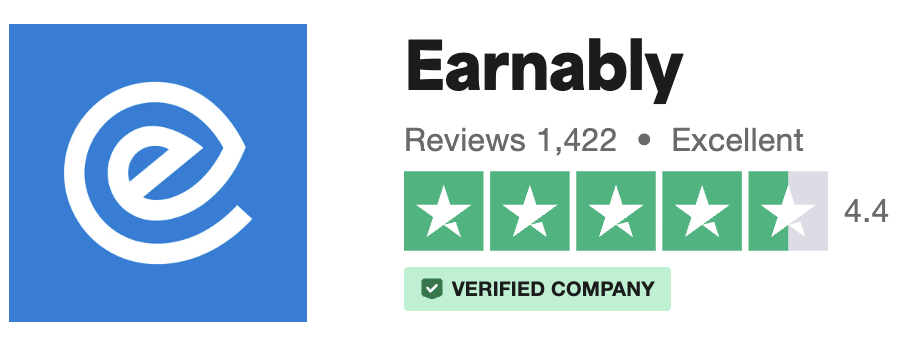 Earnably's review status on Trustpilot, indicating that the app has over 1,400 reviews with 4.4 stars and an Excellent rating. 