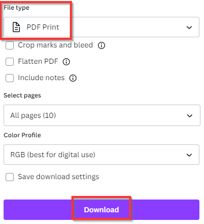 PDF print option and download