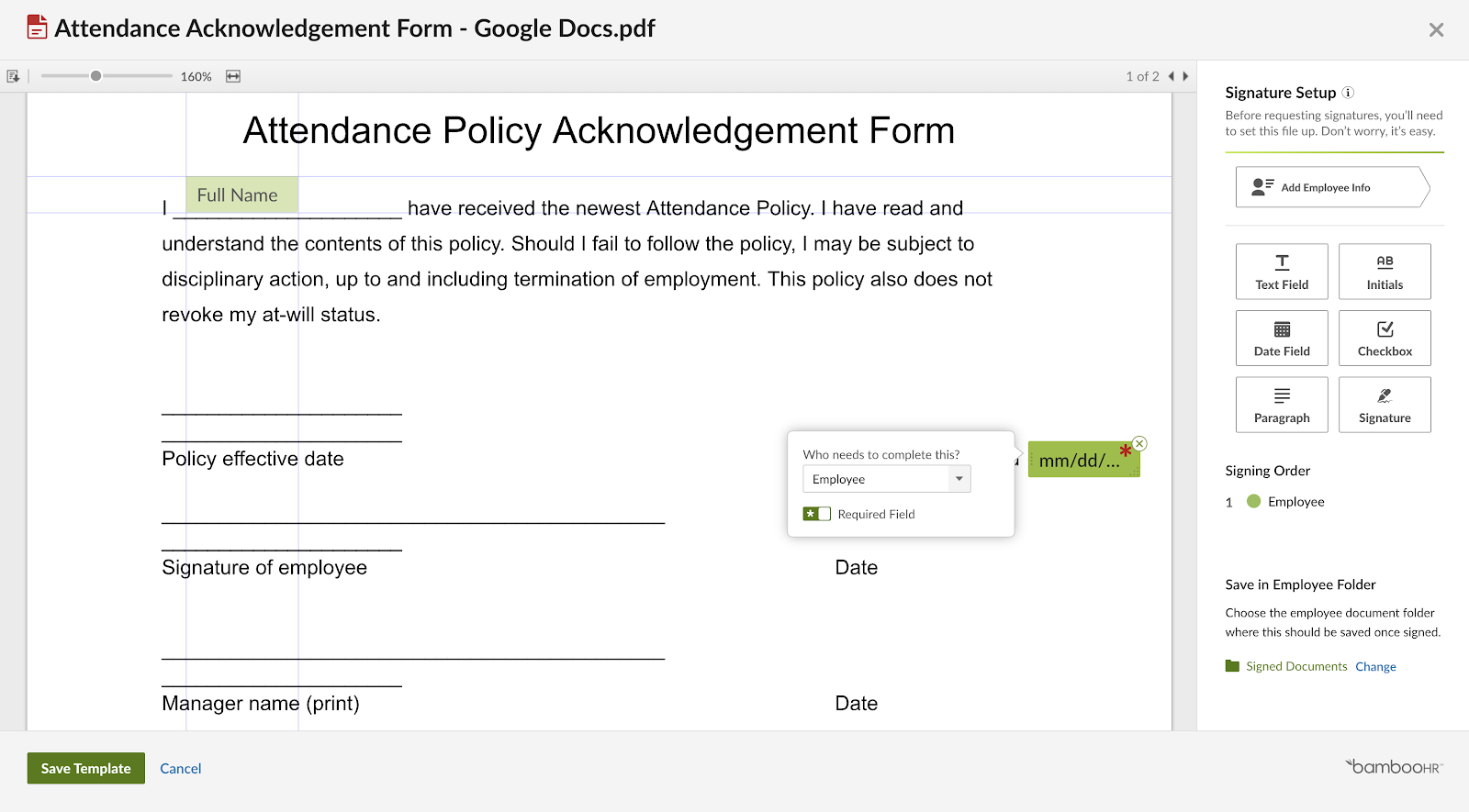 BambooHR displays a company’s policy acknowledgment with a toolbar to the right to add electronic elements like text fields, initials, checkboxes, and signatures to the document.