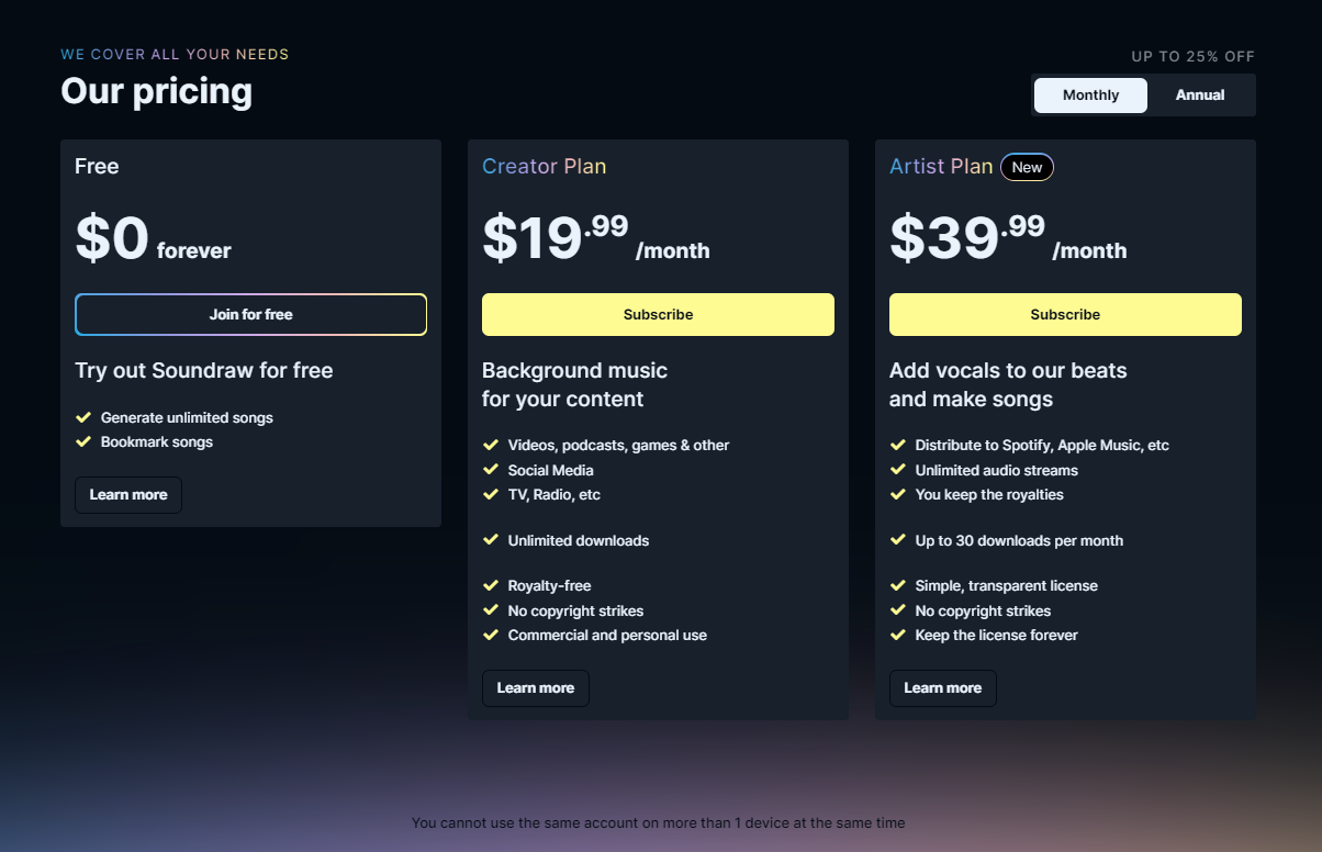 The pricing plans for Soundraw.io's music tool. 