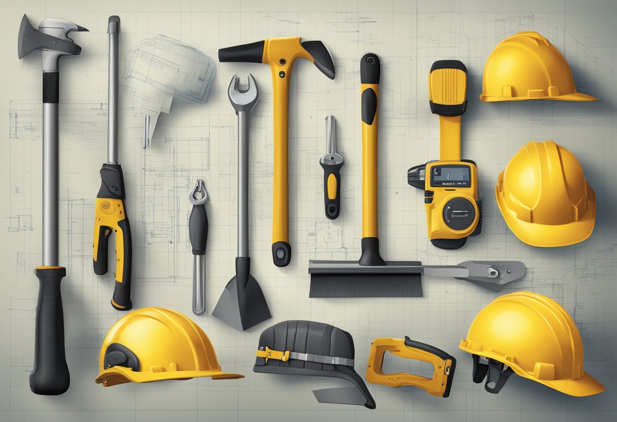 A timeline of construction tools, blueprints, and workers' safety gear displayed on a wall