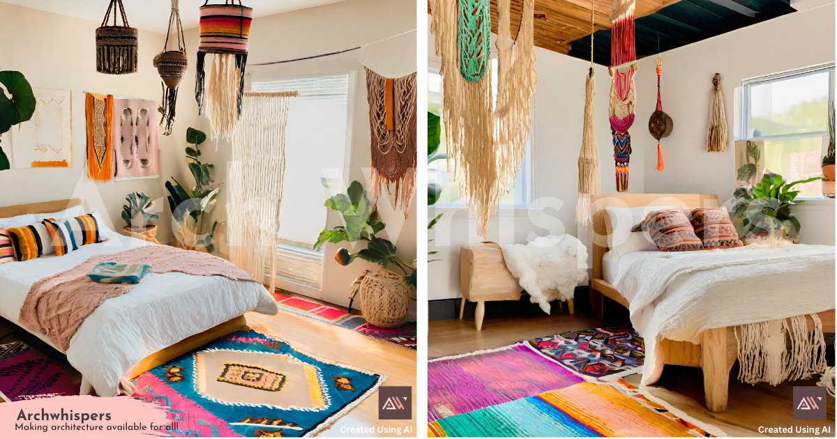 Colorful rugs and macrame decor in bedroom.