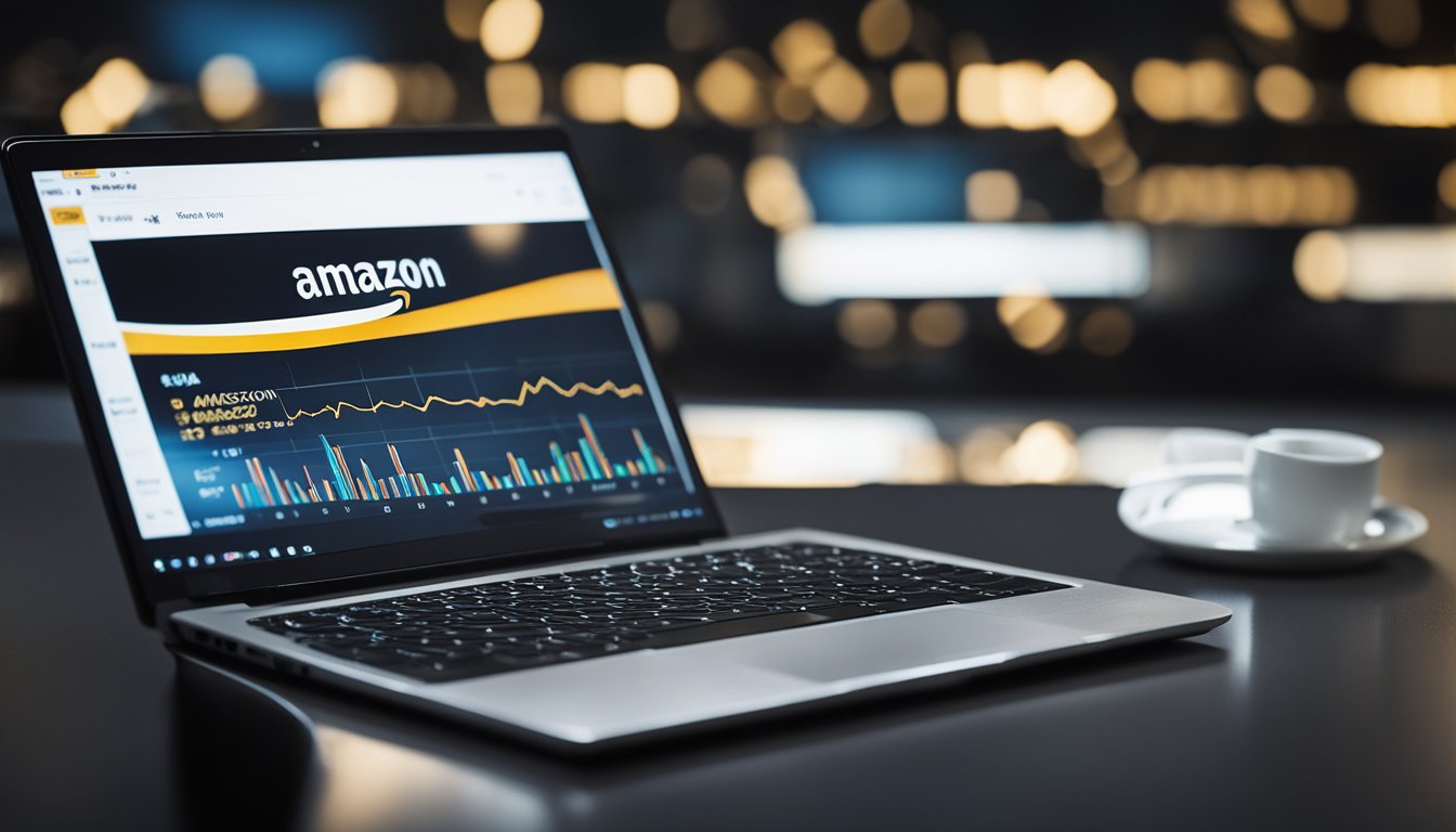 A laptop displaying Amazon's sales data with a chart showing a steady upward trend