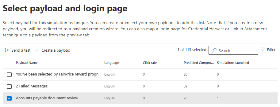 m365 phishing simulation-select payload and login page