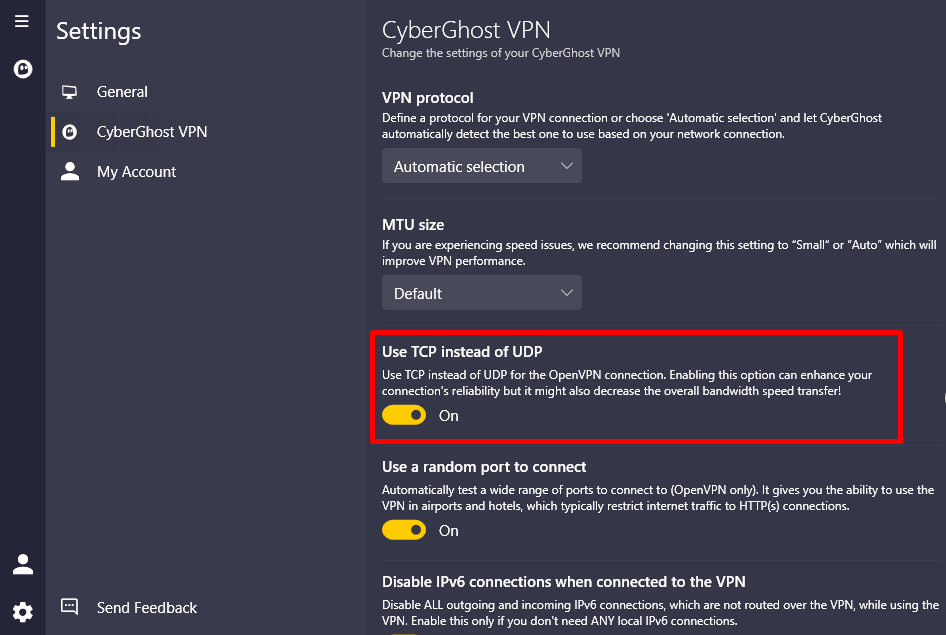 Image of the CyberGhost VPN's interface showing the option to toggle between UDP or TCP.