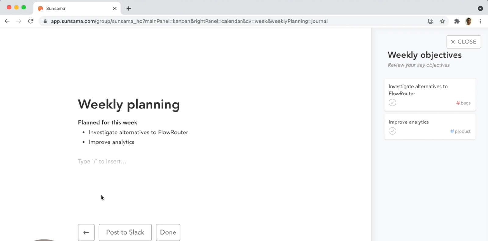 Weekly planning in Sunsama