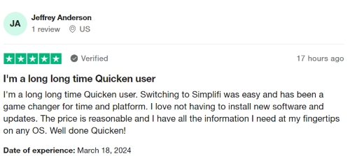 A 5-star review from a long-time Quicken user happy with Simplifi. 