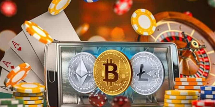 Cryptocurrency logos surrounded by casino elements.