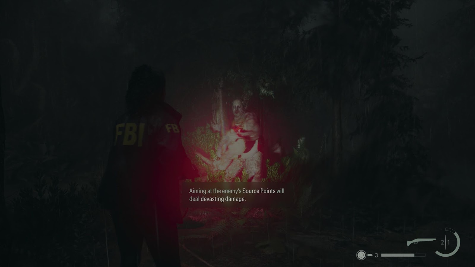 An in game screenshot of the character Nightingale from Alan Wake II. 