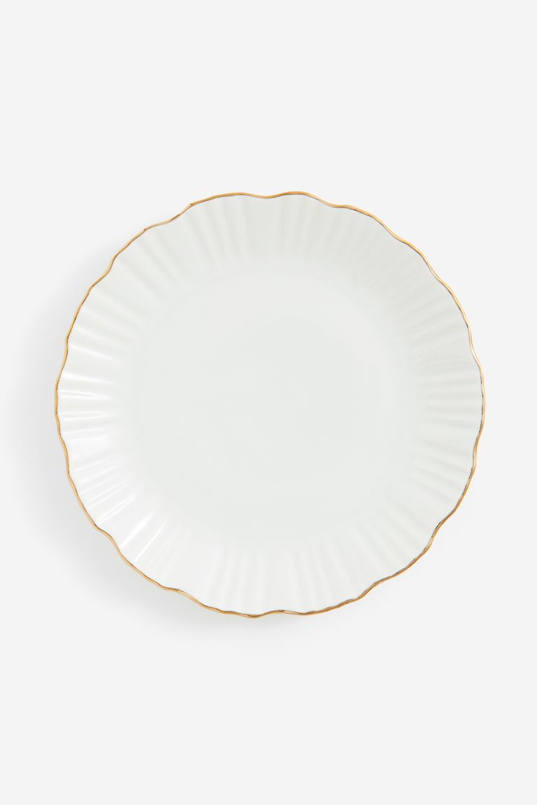 Exquisite Porcelain Plate - Fluted Inside Edge, Scalloped Gold Rim - Ideal for Ultimate Holiday Dinner Party - Diameter 10 1/4 in. - H&M