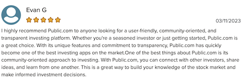 A five-star Public.com review from a member who finds the app to be “user-friendly.” 