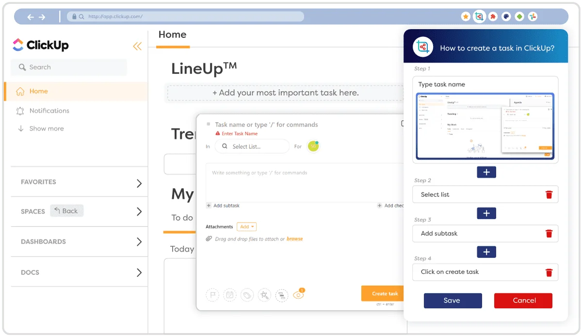 Gyde's side panel shows step-by-step guidance in ClickUp 