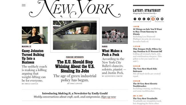 Thách thức thiết kế web: Trang chủ của Tạp chí New York vào tháng 1 năm 2023 có các câu chuyện trang bìa về Mỹ và cuộc cách mạng công nghiệp, múa ba lê NYC và một vận động viên nâng tạ. 
