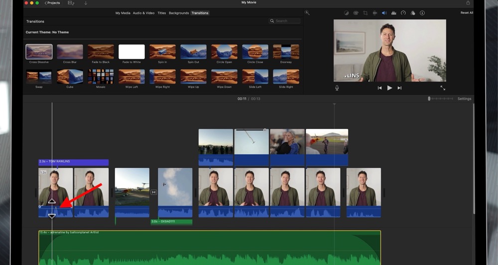 2 triangle heads to show the direction for adjusting the volumes in iMovie