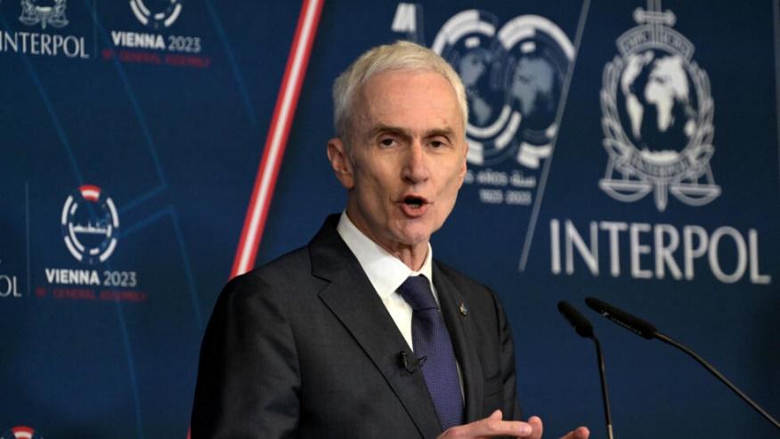 Secretary General of Interpol Jurgen Stock speaks during a joint press conference on day prior to the start of the 91st INTERPOL General Assembly at Vienna's International Center in Vienna, Austria, o