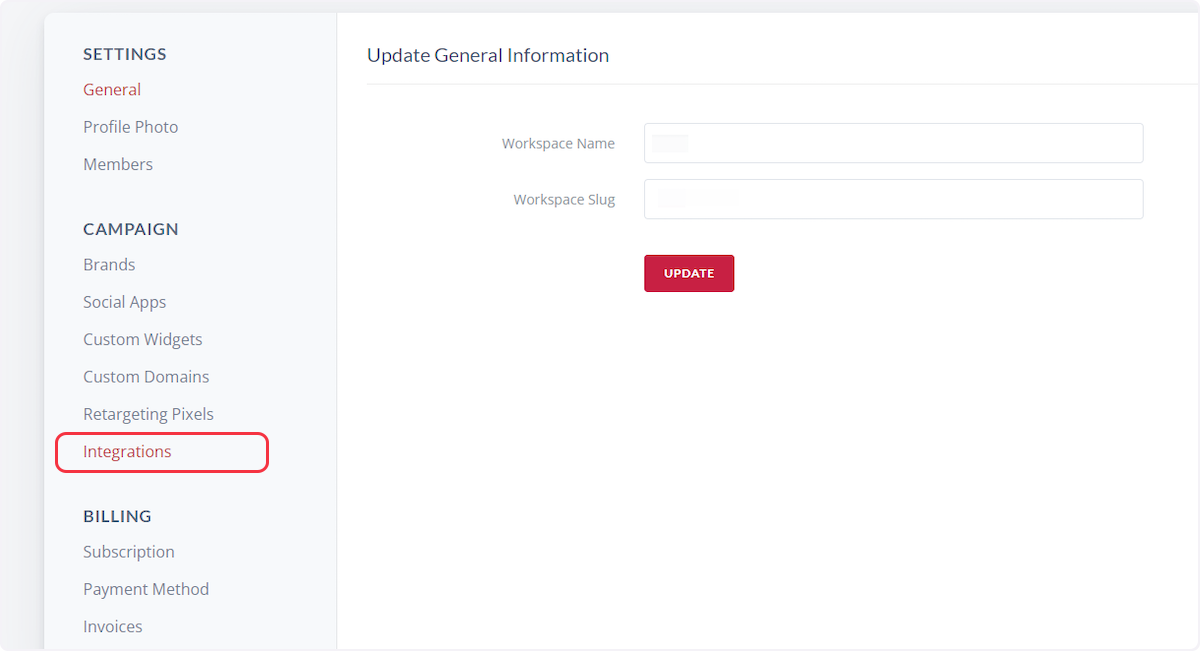 Then, inside the "Workspace Settings" page, click on 'Integrations' from the Campaign section.
