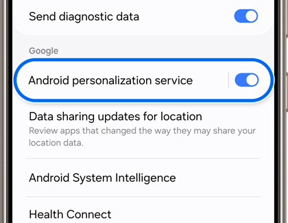 Android personalization service option highlighted and activated
