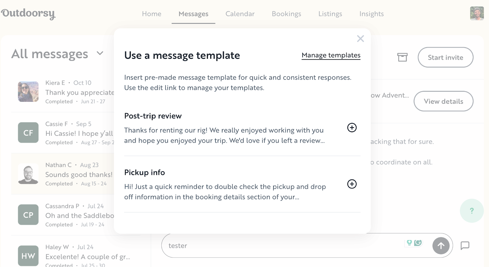 Message templates in Outdoorsy Host Dashboard