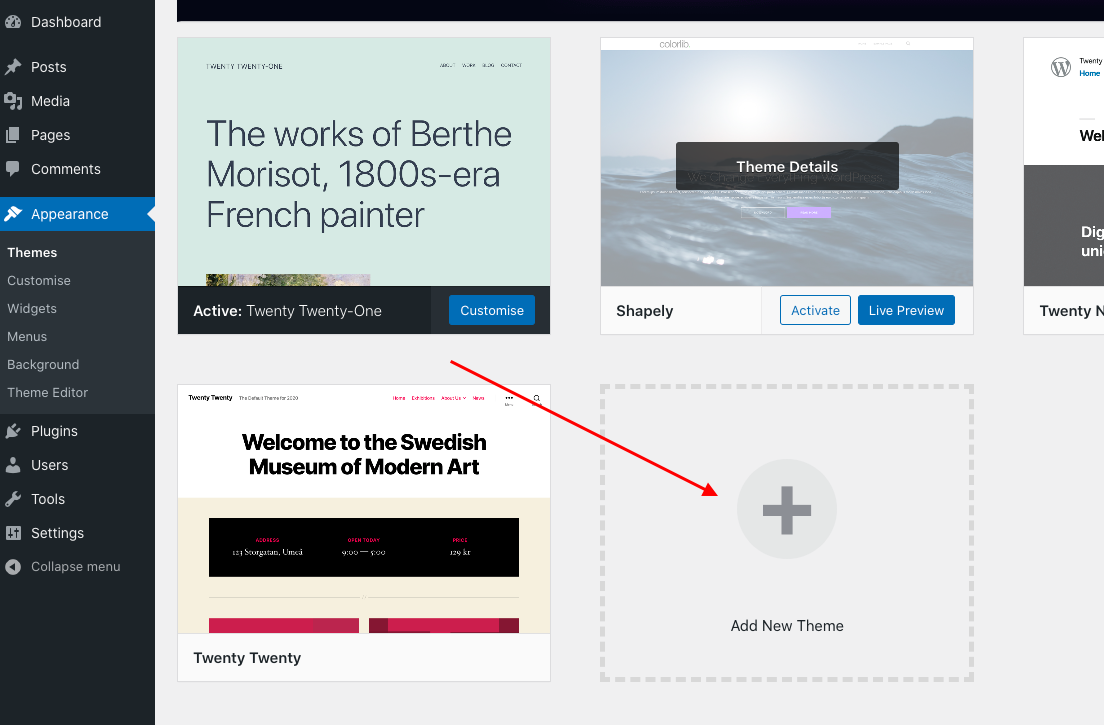 how to change wordpress theme, go to appearance, themes, and add new theme