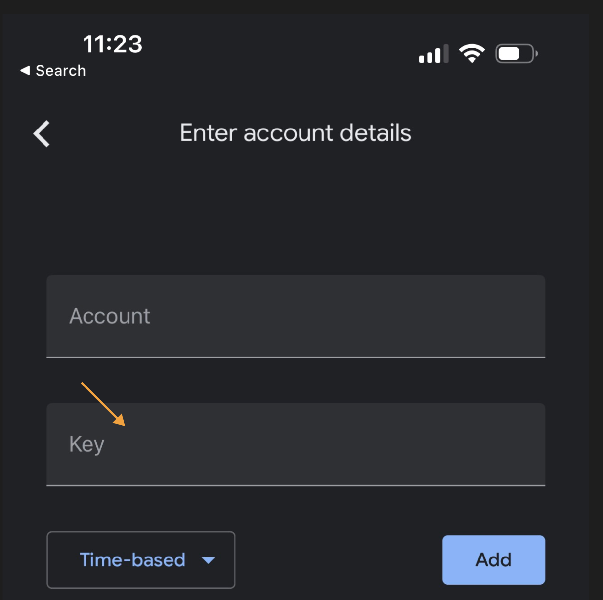 Google authenticator app Account and Key fields