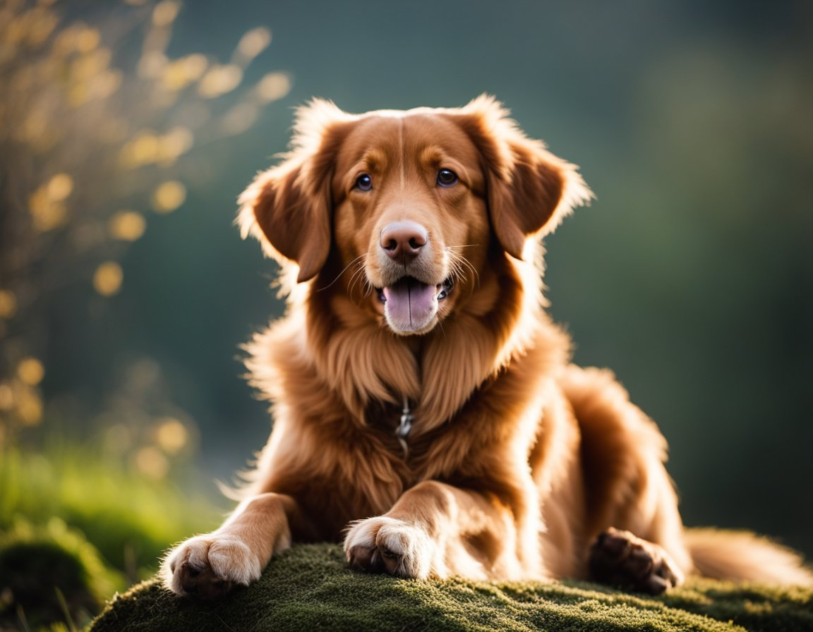 a beautiful brown nova scotia duck tolling retriever sitting on a rock with moss