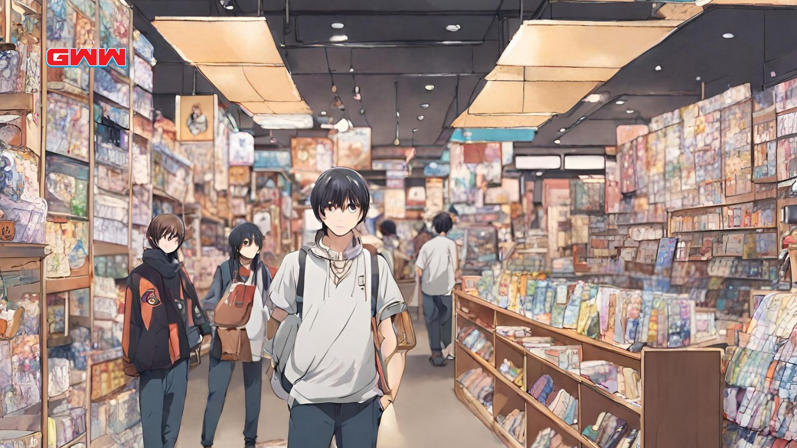 Shoppers walking through an anime store filled with colorful merchandise
