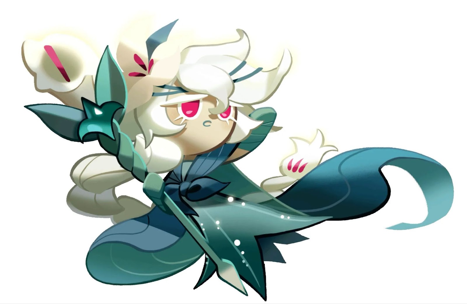 A promotional image of White-Lily Cookie from Cookie Run Kingdom. 