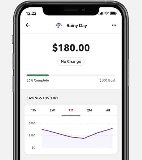 A cell phone displaying the progress of a rainy day savings fund toward the goal in the Rocket Money app. 