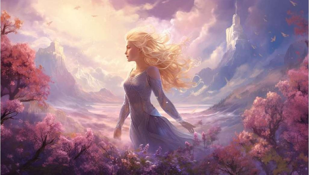This is a pink and purple art piece of a woman wearing a lilac dress frolicking in a field of purple flowers as her blonde hair flows around her.