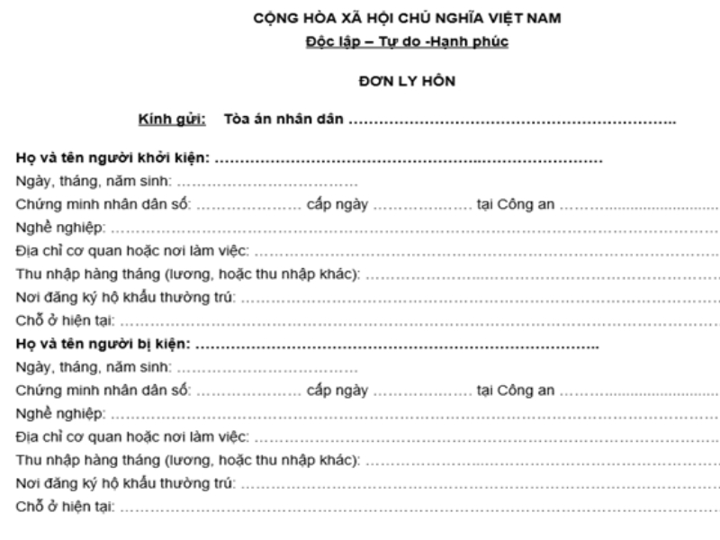 Tờ mẫu đơn ly hôn mới nhất theo quy định của Tòa án 2023.